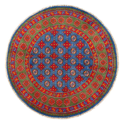 שטיח אפגני בוכרה עגול 00 אדום/כחול 145*143 | Bokhara Rug