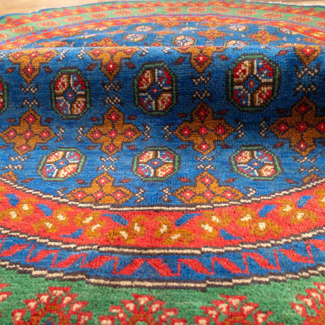 שטיח אפגני בוכרה עגול 00 אדום/כחול 195*194 | Bokhara Rug
