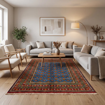 שטיח אפגני בוכרה 00 כחול 242*166 | Bokhara Rug, Clear Sunny Day, styled props.
