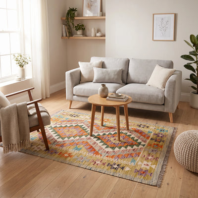 שטיח קילים אפגני 00 צבעוני 124*85, Dreamy Morning Glow, styled props.