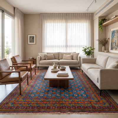 שטיח אפגני בוכרה 00 כחול 300*201 | Bokhara Rug, Dreamy Morning Glow, styled props.