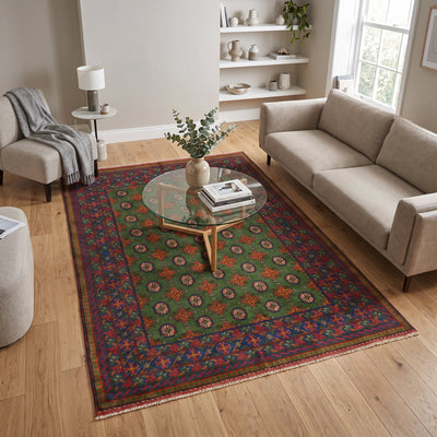 שטיח אפגני בוכרה 00 ירוק 203*152 | Bokhara Rug, Clear Sunny Day, styled props.