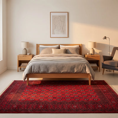 שטיח אפגני בוכרה 00 אדום 237*163 | Bokhara Rug, Rich Golden Hour, styled props.