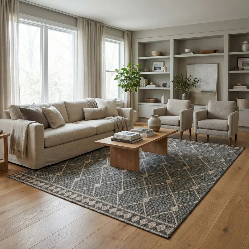 שטיח ונציה 01 אפור | Venice Indoor/Outdoor Rug, Soft Window Light, styled props.