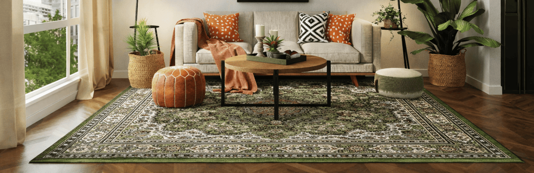 Living room with large patterned area rug, sofa, and coffee table
