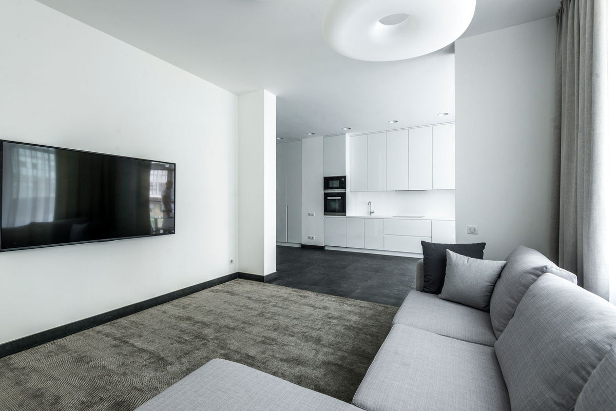 Bright and spacious minimalist living room with an open kitchen layout, modern furniture and decor.