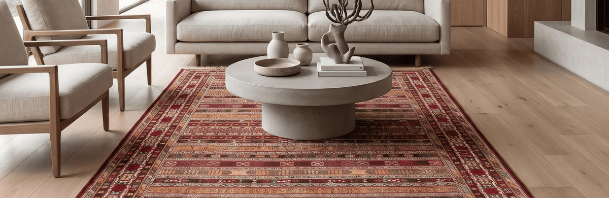 שטיח סומק פרסי 00 צבעוני 293*200 | Persian Sumak, Dreamy Morning Glow, styled props.