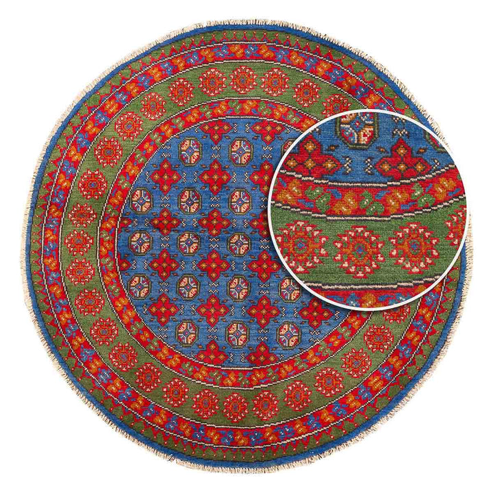 שטיח אפגני בוכרה עגול 00 אדום/כחול 145*143 | Bokhara Rug