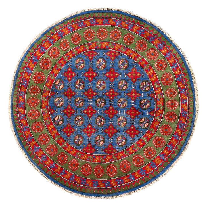 שטיח אפגני בוכרה עגול 00 אדום/כחול 145*143 | Bokhara Rug