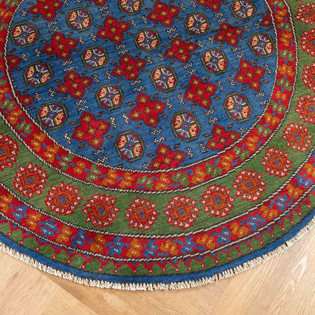 שטיח אפגני בוכרה עגול 00 אדום/כחול 145*143 | Bokhara Rug