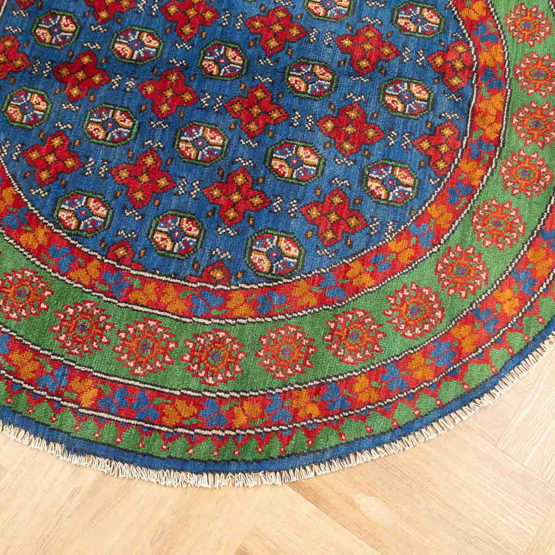 שטיח אפגני בוכרה עגול 00 אדום/כחול 150*146 | Bokhara Rug