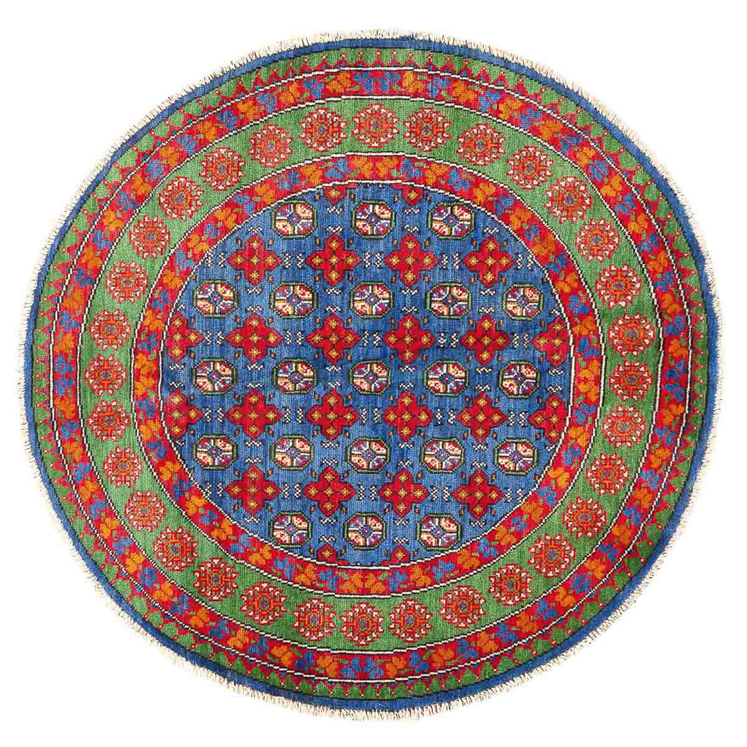 שטיח אפגני בוכרה עגול 00 אדום/כחול 150*146 | Bokhara Rug