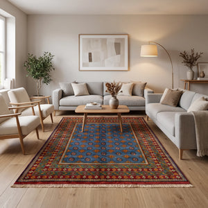 שטיח אפגני בוכרה 00 כחול 242*166 | Bokhara Rug, Clear Sunny Day, styled props.