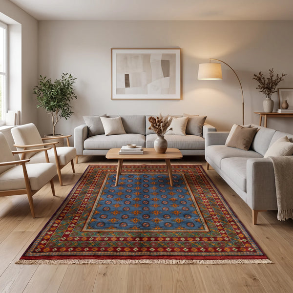 שטיח אפגני בוכרה 00 כחול 242*166 | Bokhara Rug, Clear Sunny Day, styled props.