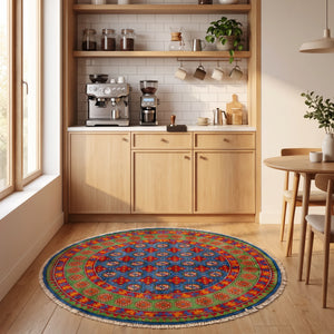 שטיח אפגני בוכרה עגול 00 אדום/כחול 150*150 | Bokhara Rug, Dreamy Morning Glow, styled props.