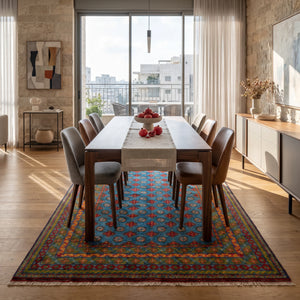 שטיח אפגני בוכרה 00 כחול 292*206 | Bokhara Rug, Clear Sunny Day, styled props.