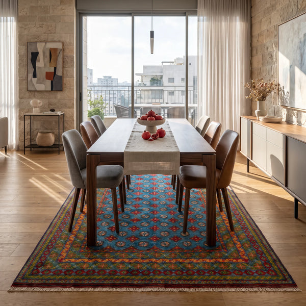 שטיח אפגני בוכרה 00 כחול 292*206 | Bokhara Rug, Clear Sunny Day, styled props.