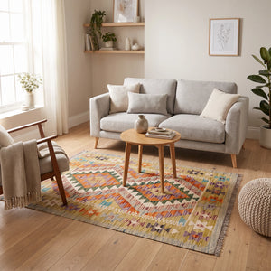 שטיח קילים אפגני 00 צבעוני 124*85, Dreamy Morning Glow, styled props.