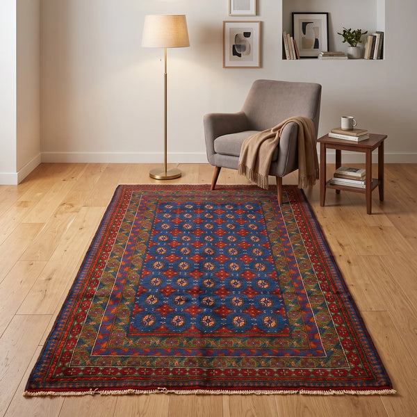 שטיח אפגני בוכרה 00 כחול 245*152 | Bokhara Rug, Dreamy Morning Glow, styled props.