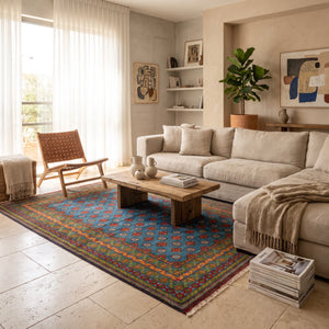 שטיח אפגני בוכרה 00 כחול 292*206 | Bokhara Rug, Dreamy Morning Glow, styled props.