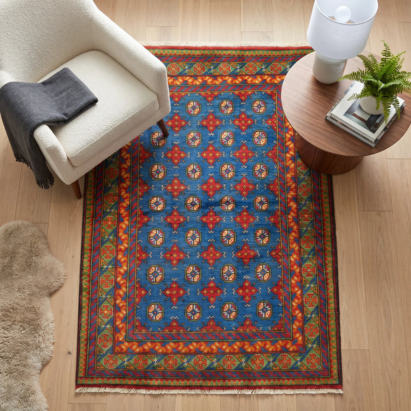 שטיח  אפגני בוכרה 00 כחול 184*129  | Bokhara Rug, Bright Clean, styled props.