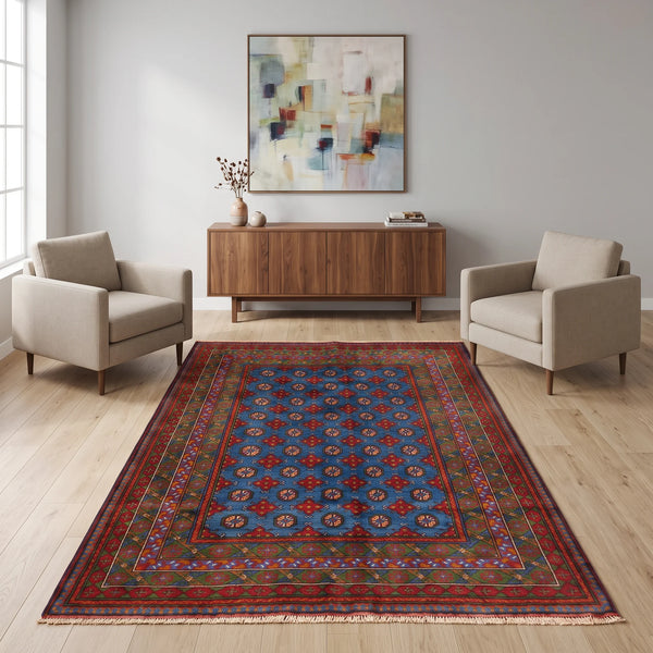 שטיח אפגני בוכרה 00 כחול 238*172 | Bokhara Rug, Clear Sunny Day, styled props.