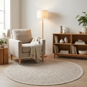 שטיח טלרה 25 בז' עגול| Talara, Dreamy Morning Glow, styled props.