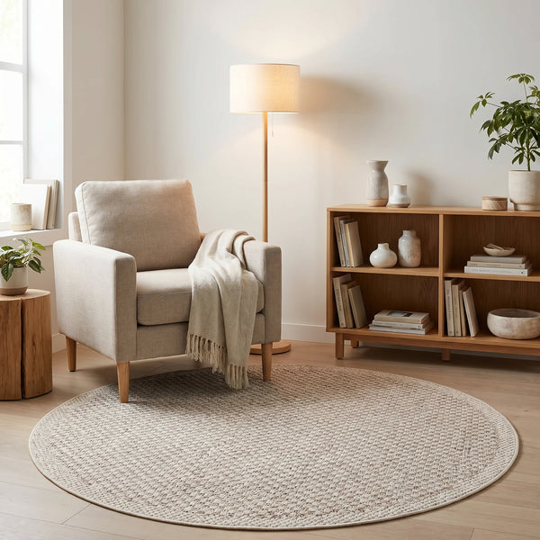 שטיח טלרה 25 בז' עגול| Talara, Dreamy Morning Glow, styled props.