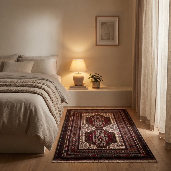 שטיח בלוץ' פרסי אדום 148*88 | Baluch, Cozy Evening Mood, styled props.