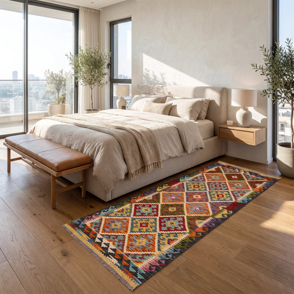 שטיח קילים אפגני 00 צבעוני 195*81, Dreamy Morning Glow, styled props.