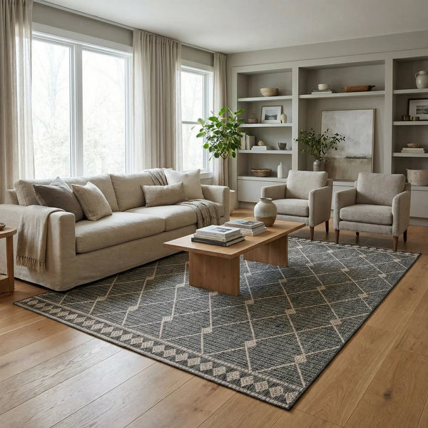שטיח ונציה 01 אפור | Venice Indoor/Outdoor Rug, Soft Window Light, styled props.