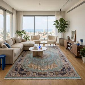 שטיח קום משי 06 טורקיז| QOM, Dreamy Morning Glow, styled props.
