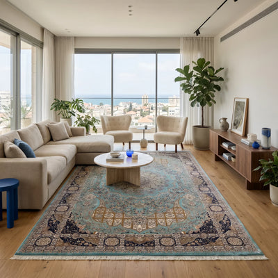 שטיח קום משי 06 טורקיז| QOM, Dreamy Morning Glow, styled props.