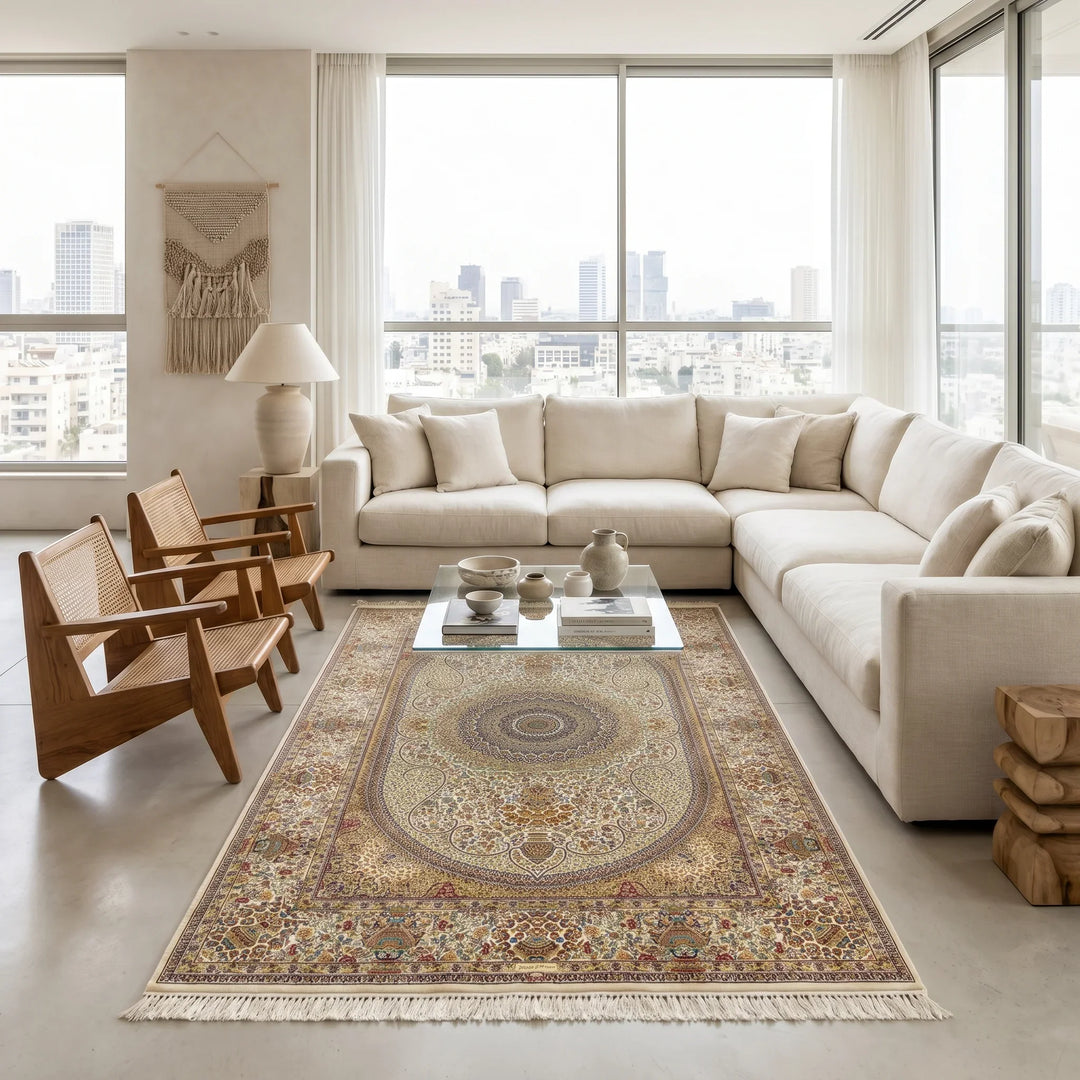 שטיח קום משי 16 בז' | QOM, Dreamy Morning Glow, styled props.