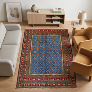 שטיח אפגני בוכרה 00 כחול 242*172 | Bokhara Rug, Clear Sunny Day, styled props.