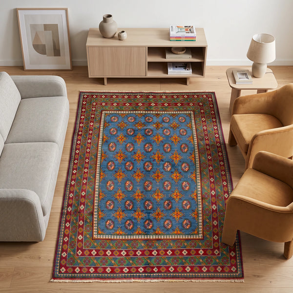 שטיח אפגני בוכרה 00 כחול 242*172 | Bokhara Rug, Clear Sunny Day, styled props.