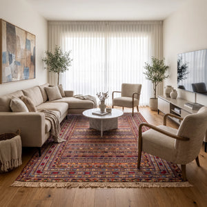 שטיח סומק פרסי 00 צבעוני 343*250 | Persian Sumak, Dreamy Morning Glow, styled props.