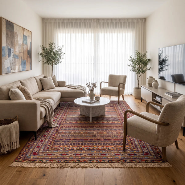 שטיח סומק פרסי 00 צבעוני 343*250 | Persian Sumak, Dreamy Morning Glow, styled props.