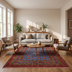 שטיח אפגני בוכרה 00 כחול 244*169 | Bokhara Rug, Clear Sunny Day, styled props.