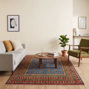 שטיח אפגני בוכרה 00 כחול 242*166 | Bokhara Rug, Clear Sunny Day, styled props.