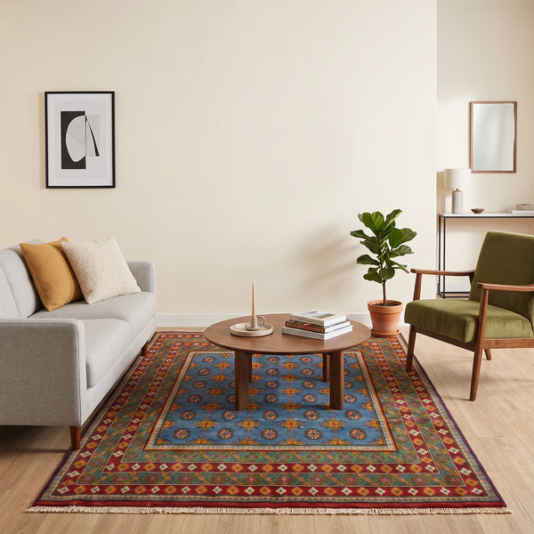 שטיח אפגני בוכרה 00 כחול 242*166 | Bokhara Rug, Clear Sunny Day, styled props.