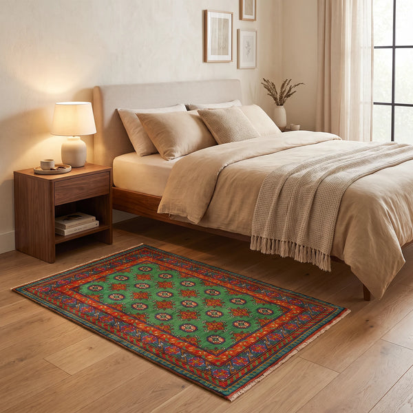 שטיח אפגני בוכרה 00 בגוון ירוק שטיח עבודת יד נבחר בפינצטה בשירות יחיד במינו