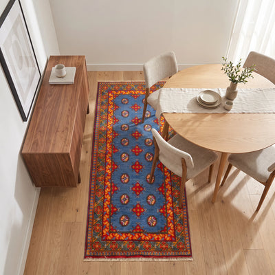 שטיח  אפגני בוכרה 00 כחול 193*81 | Bokhara Rug, Clear Sunny Day, styled props.