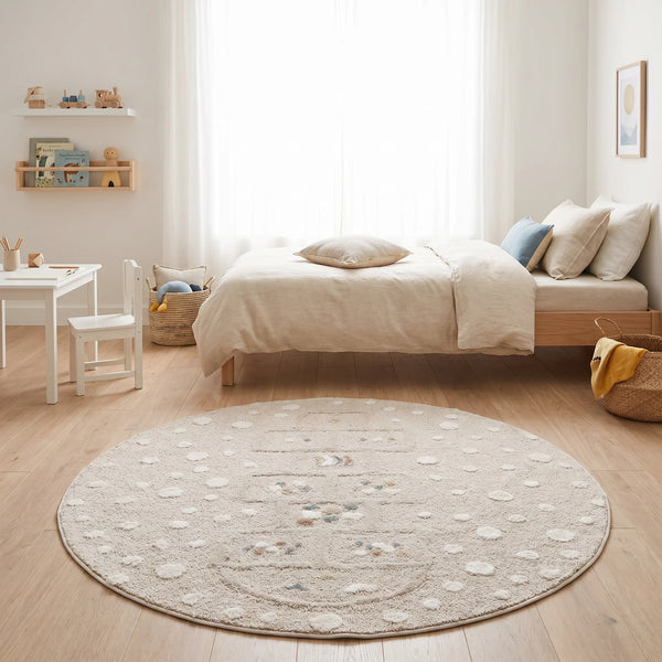 שטיח קלאס 01 קרם עגול, Dreamy Morning Glow, styled props.