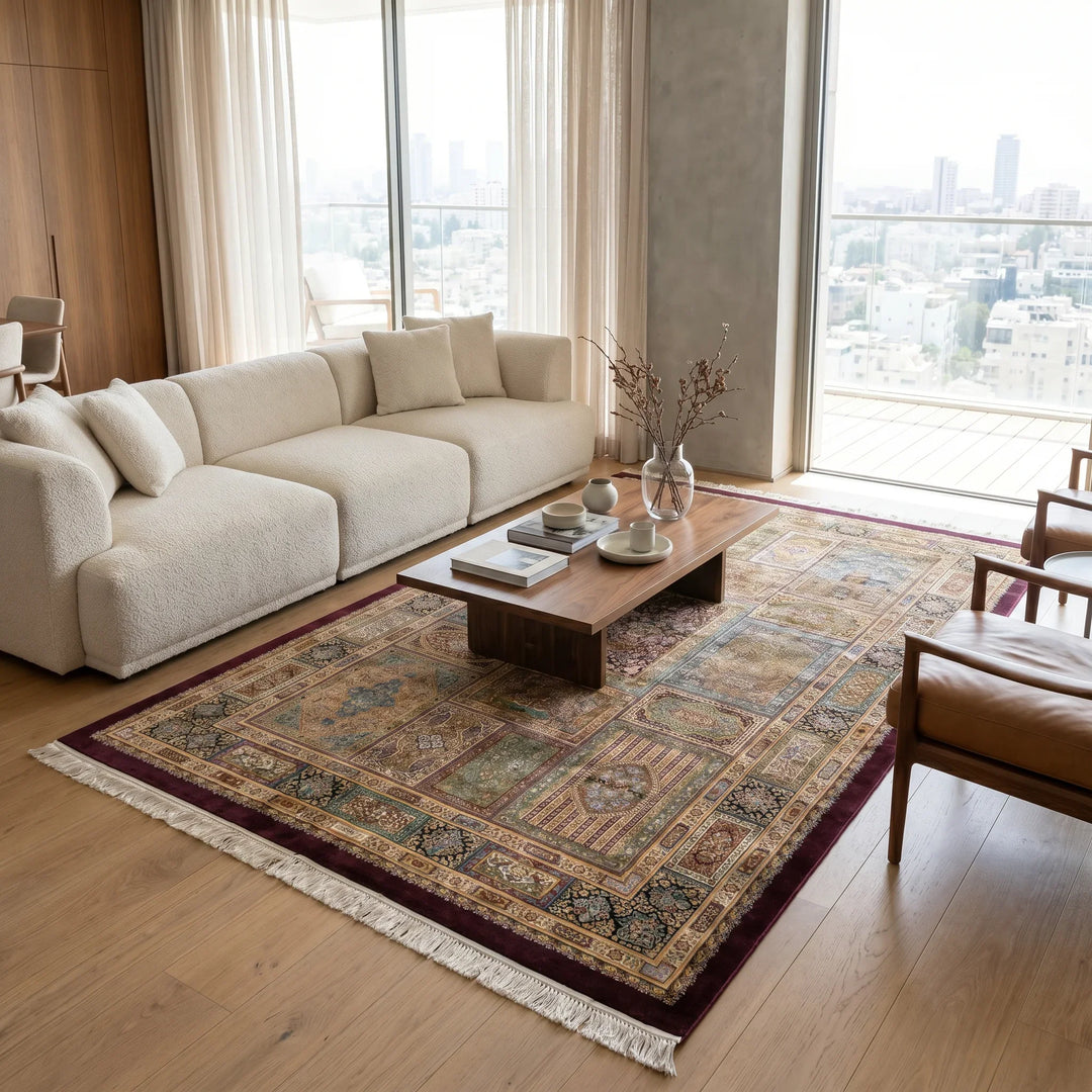 שטיח קום משי 13 צבעוני | QOM, Dreamy Morning Glow, styled props.