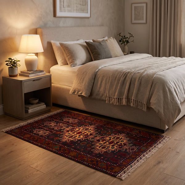 שטיח בלוץ' פרסי אדום 134*88 | Baluch, Cozy Evening Mood, styled props.
