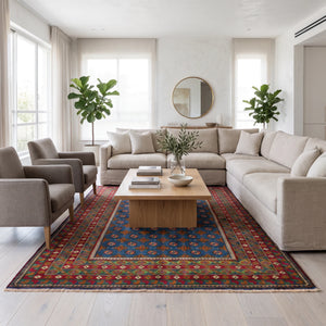 שטיח אפגני בוכרה 00 כחול 297*201 | Bokhara Rug, Dreamy Morning Glow, styled props.