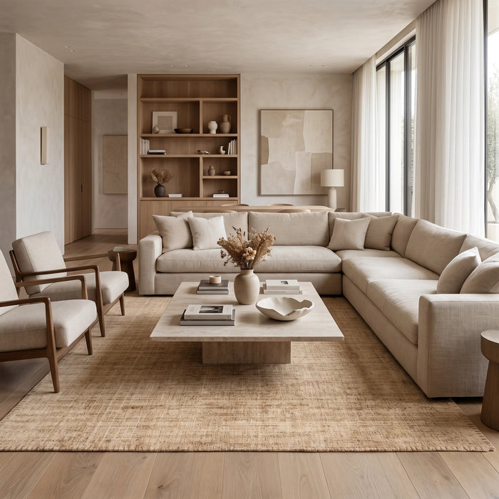 שטיח משי במבוק 02 DARK BEIGE, Dreamy Morning Glow, styled props.